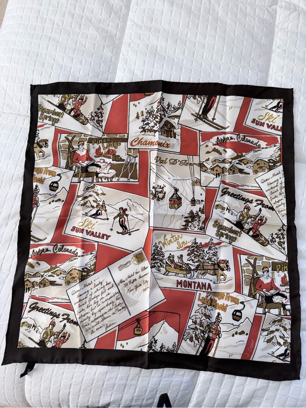 J.Crew 100% Silk Vintage Ski Resort Postcard Neckerchief Pocket Square